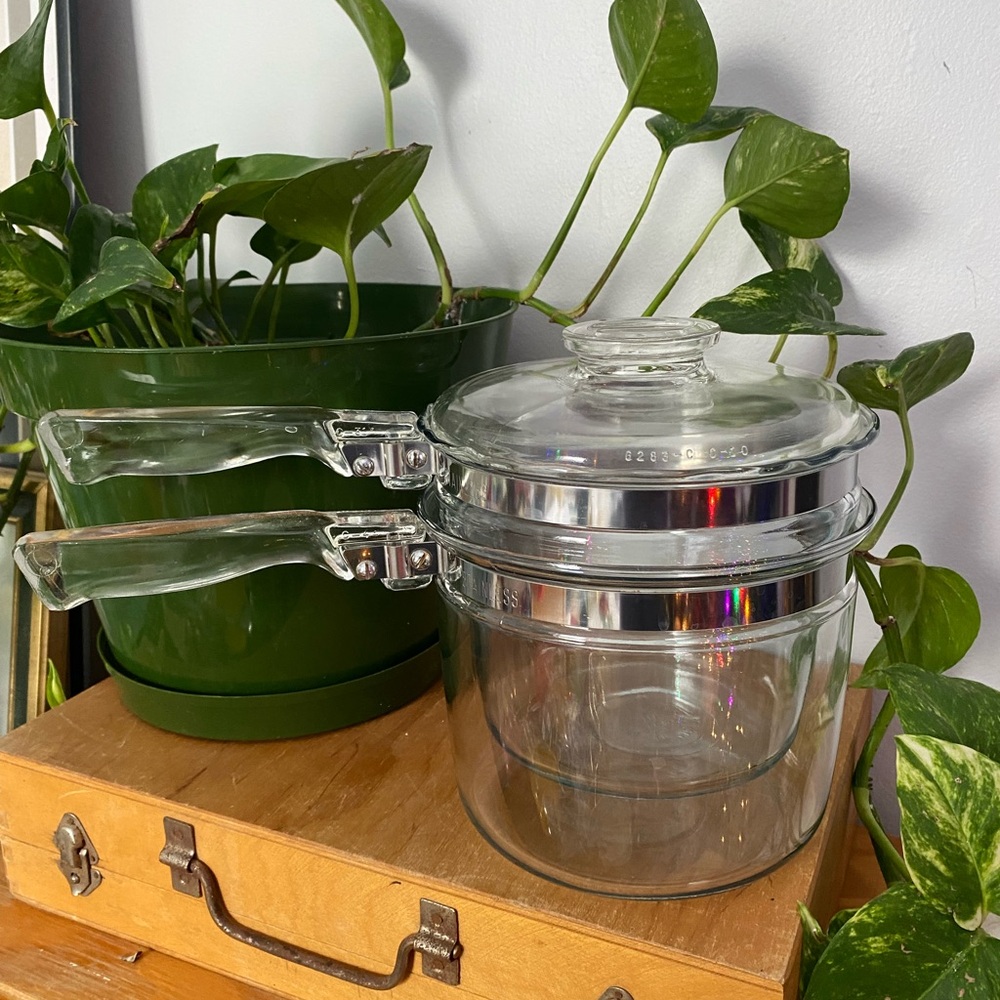 Vintage Pyrex Glass Double Boiler with Lid